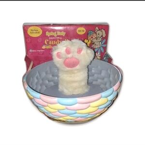 Vintage Gemmy Motion Activated Talking Candy Dish With Furry Rabit Paw